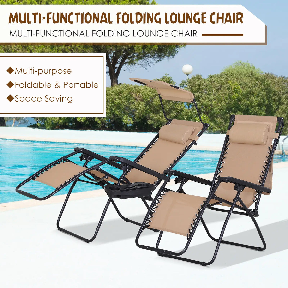 2 Piece Foldable Lounge Chair with Canopy, Outdoor Zero Gravity Chair, Beige Lounger Chairs at Gallery Canada