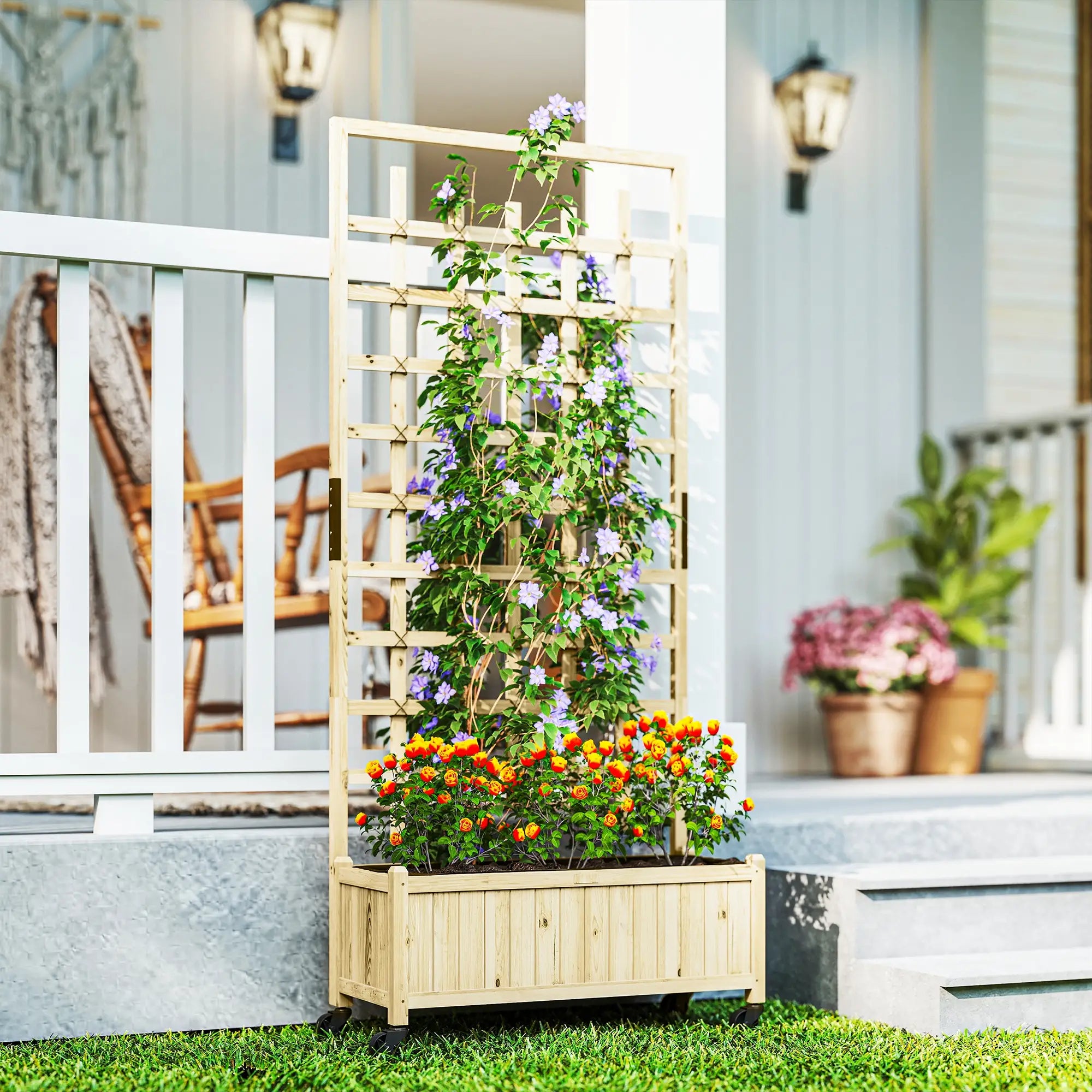 Wooden Planter With Trellis, Raised Garden Bed With Wheels, Drainage Holes Wooden Planter Boxes at Gallery Canada