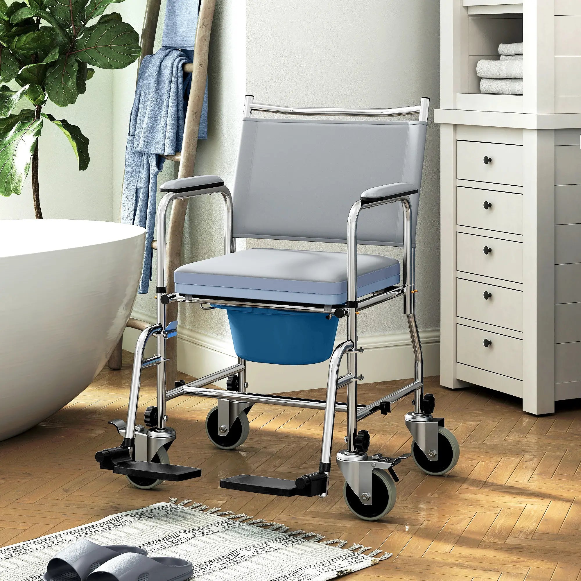 Rolling Shower Chair, Bedside Commode Wheelchair, 300 Lbs, Black Bath Chairs at Gallery Canada