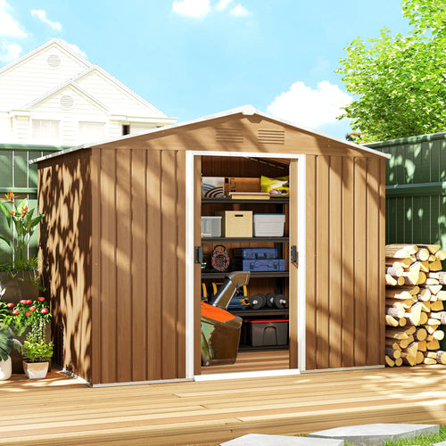 8' x 6' Metal Outdoor Storage Shed, Garden Tool House, Dark Brown