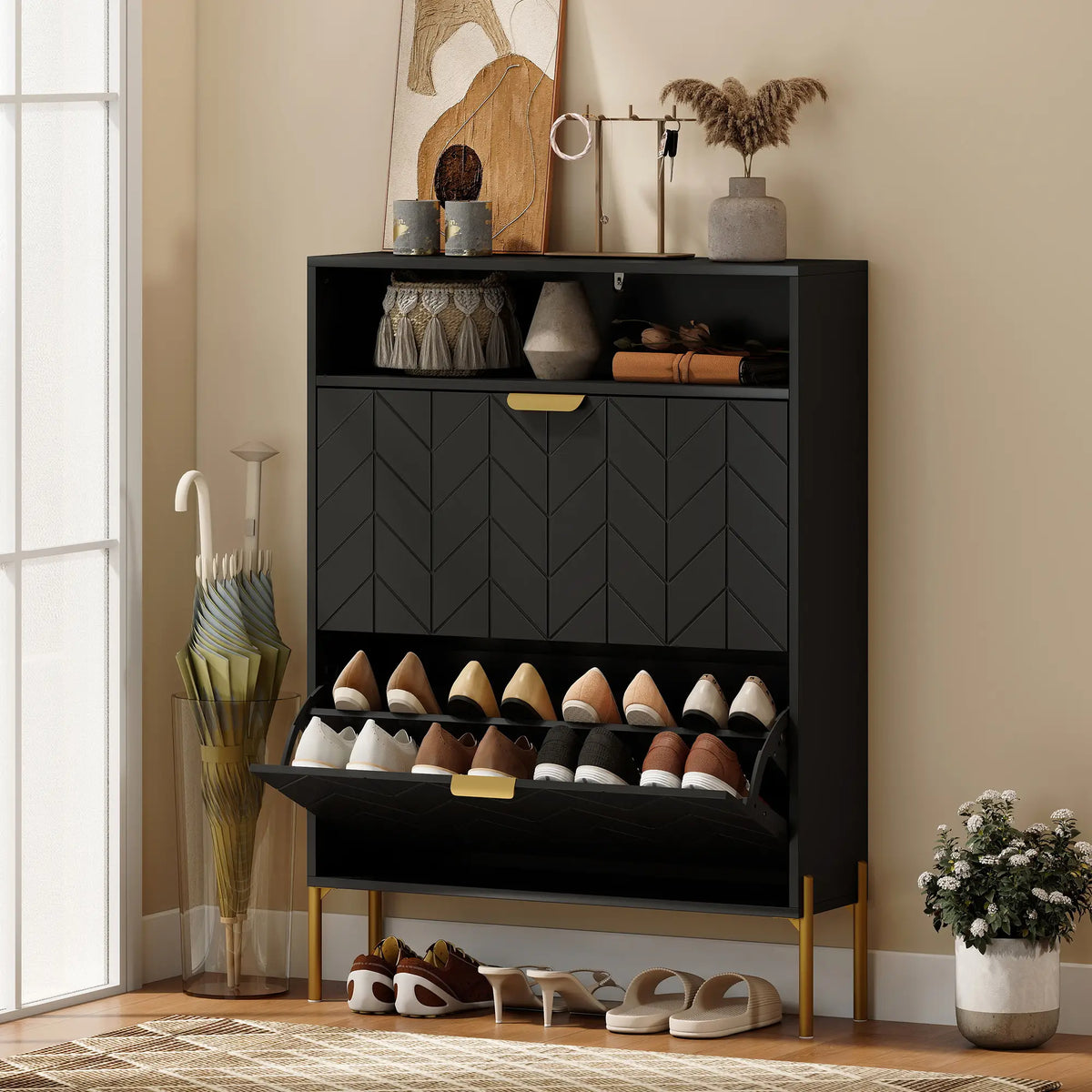 Narrow Shoe Cabinet, 2 Flip Drawers, Adjustable Shelves, Open Compartment, Black Shoe Storage Cabinets & Racks at Gallery Canada