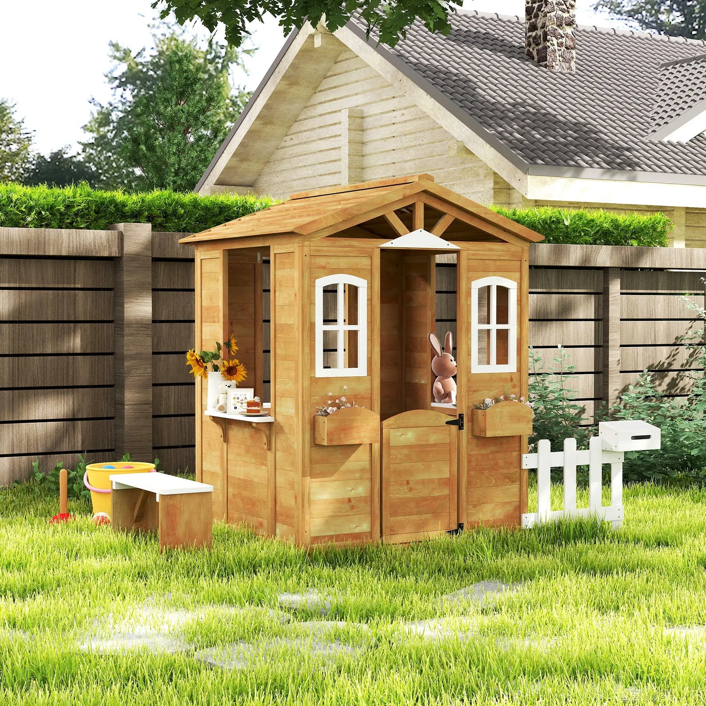 Kids Wooden Playhouse, Door Windows, Mailbox, Flower Pot, Bench, Yellow Play Houses at Gallery Canada