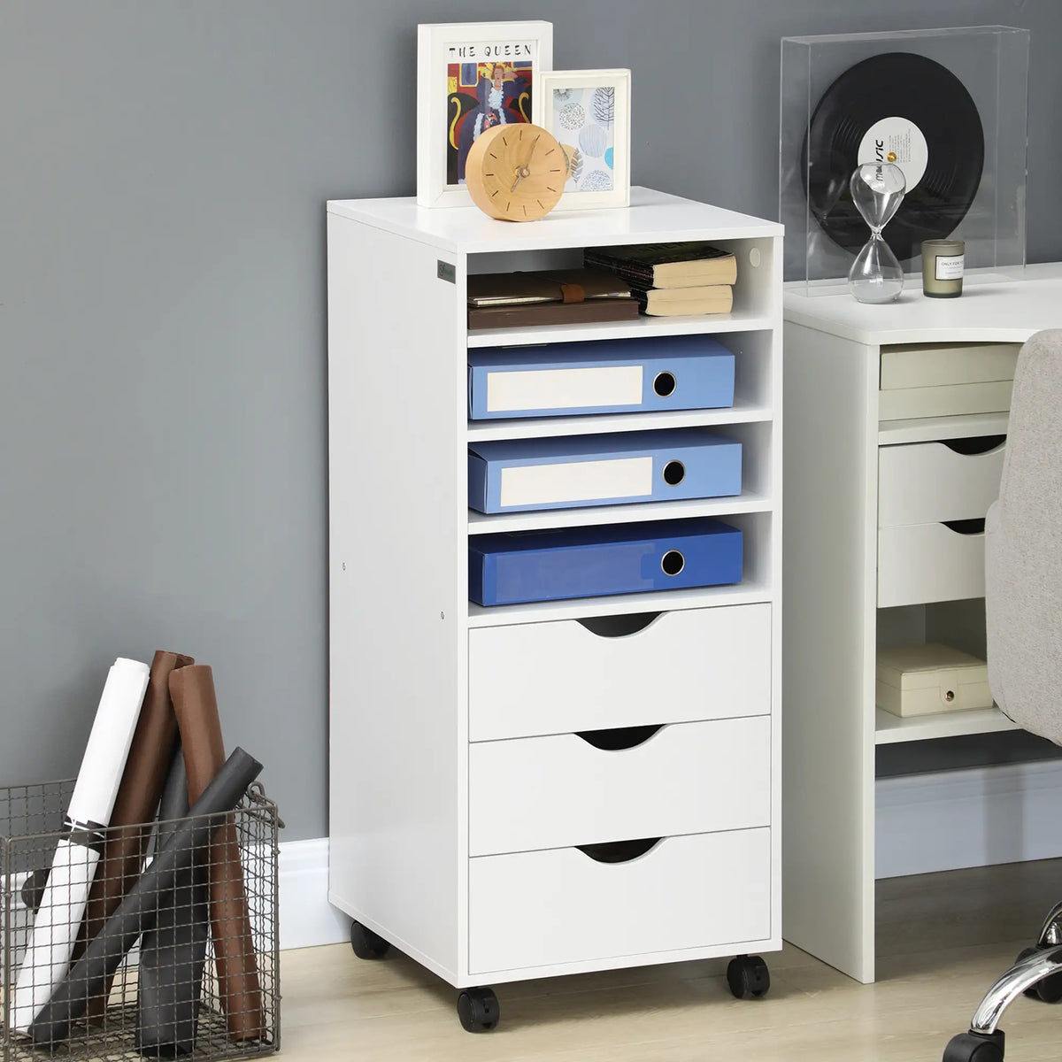 Vertical Filing Cabinet, Mobile 3 Drawers, 4 Shelves, White Office Cabinets & Cupboards at Gallery Canada