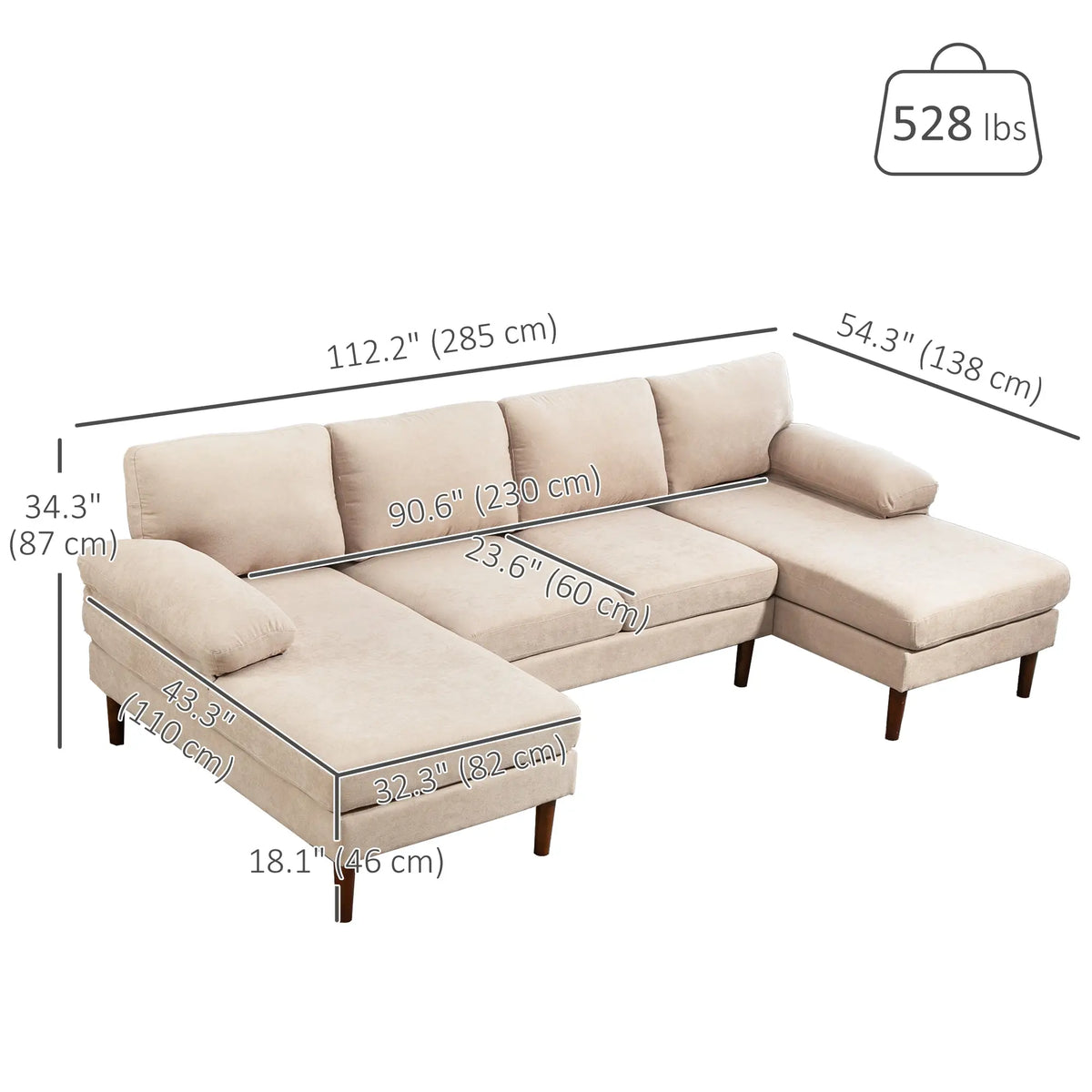 U Shape Couch, Double Chaise Lounge, 4 Seater Sofa, Wooden Legs, Beige Sofas & Reclining Chairs at Gallery Canada