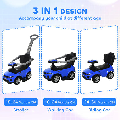 2 in 1 Kid Ride on Push Car Stroller, Sliding Ride on Car with Horn, Music, Light, Secure Bar, Blue Push Cars for Toddlers at Gallery Canada