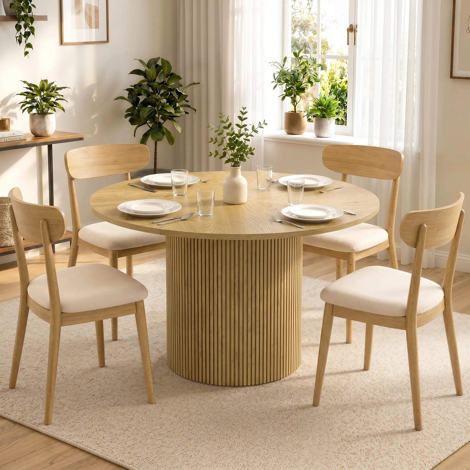 43.3 Inch Round Dining Table For 4-6, Fluted Pedestal, Oak Dining Tables at Gallery Canada