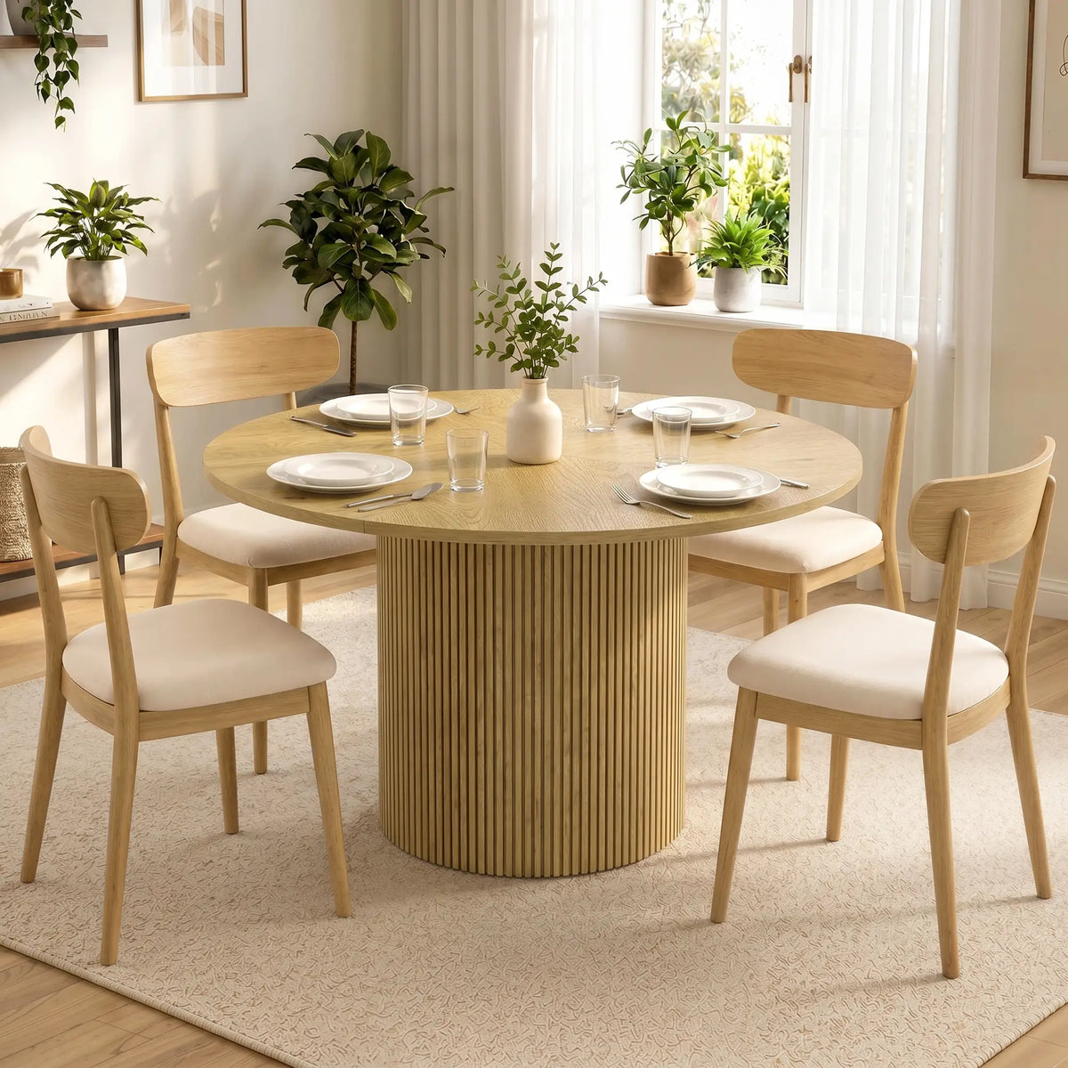 43.3 Inch Round Dining Table For 4-6, Fluted Pedestal, Oak Dining Tables at Gallery Canada