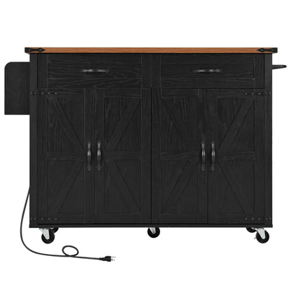 Kitchen Island with Spice Rack, Storage Drawers, Power Outlet, 53.5" L x 29" W x 36.5" H, Black Kitchen Islands & Kitchen Carts Black at Gallery Canada