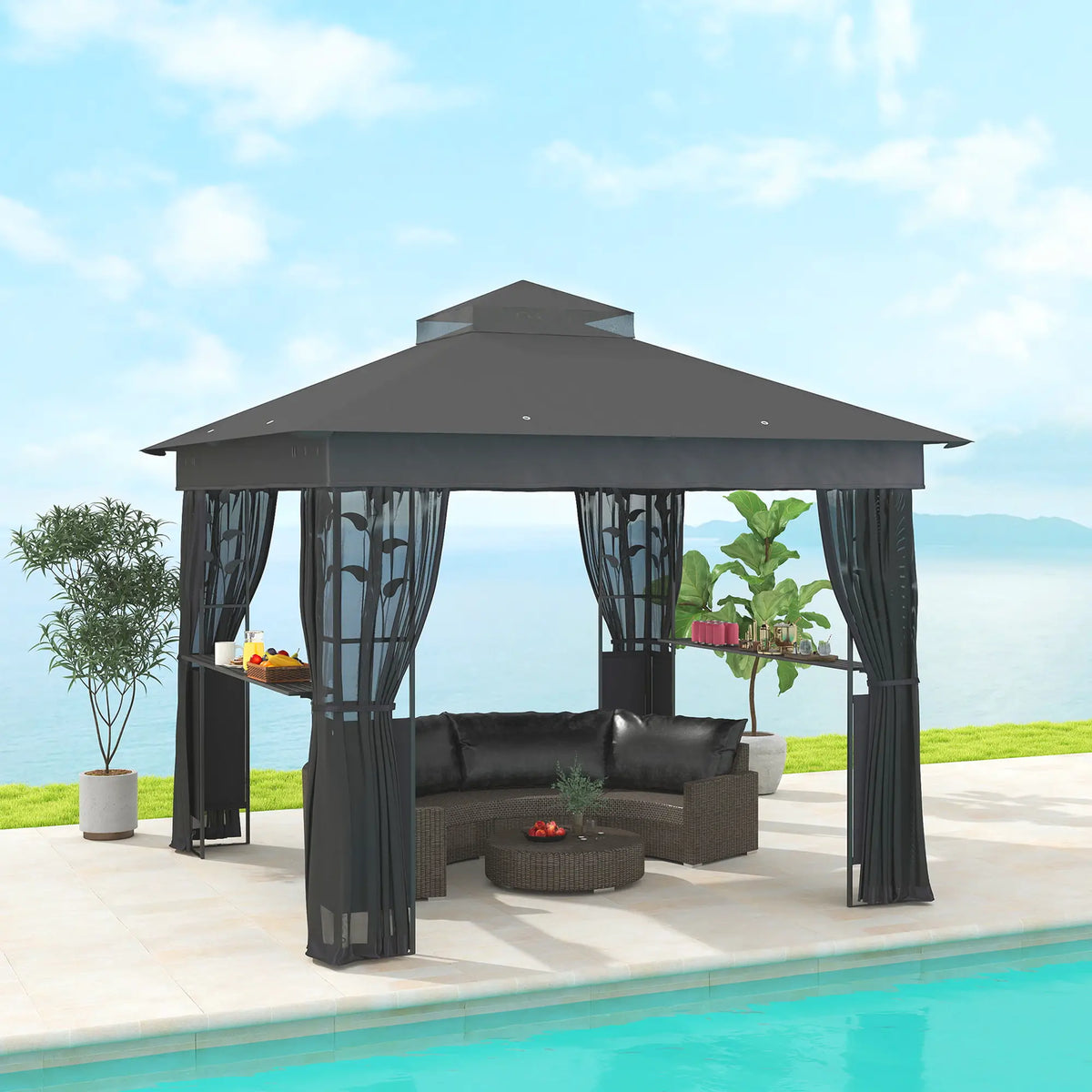 10' x 10' Outdoor Gazebo, UV30+ Double Roof, with Shelves and Netting Gazebos at Gallery Canada