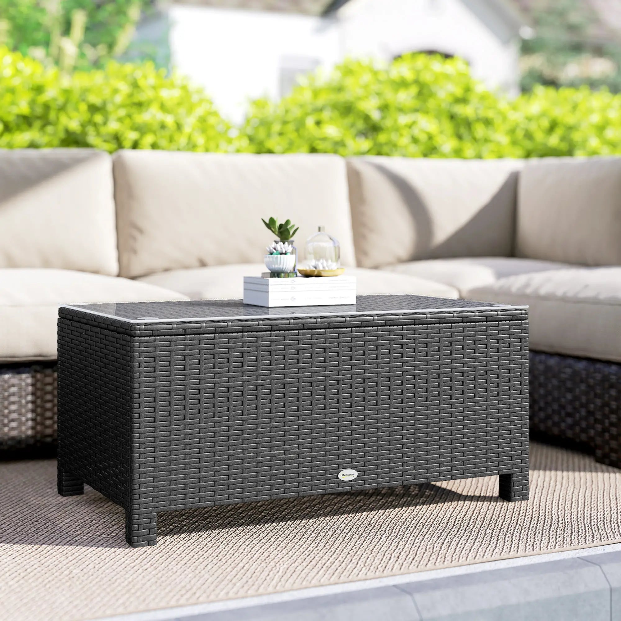 PE Wicker Outdoor Coffee Table, Glass Top, Dark Grey Patio Dining Tables at Gallery Canada