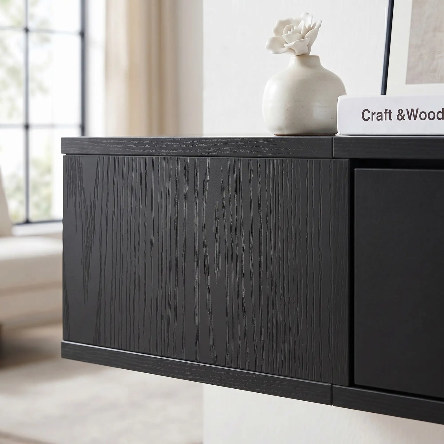 TV Stand with RGB LED Lights, Entertainment Center with Open Shelves for 75 Inch TV, Black Wood Grain TV Stands at Gallery Canada