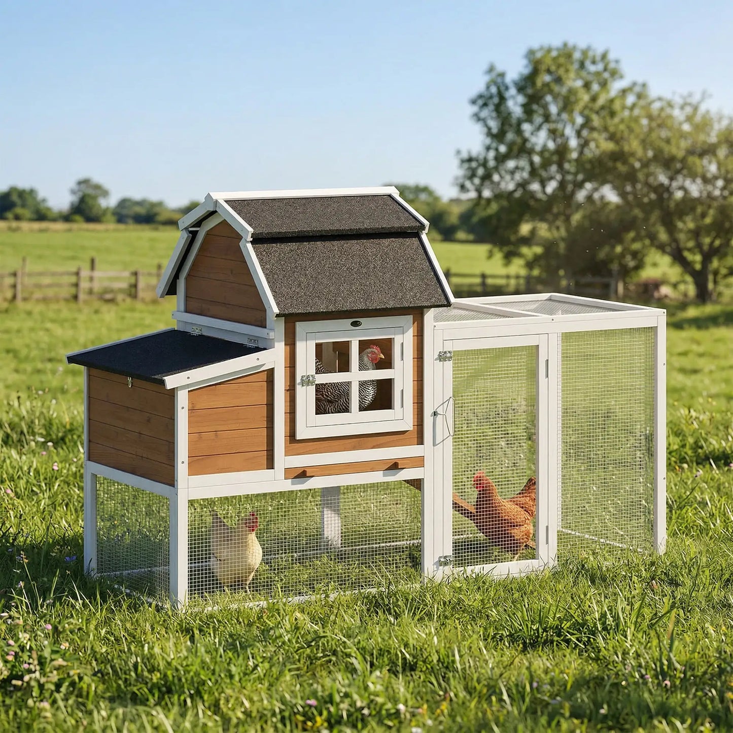 71" Chicken Coop For 3 Chickens, Wooden Hen House With Run, Removable Tray Chicken Coops at Gallery Canada