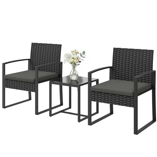 3 Piece Wicker Patio Set, Glass Top Table With Cushions, Dark Grey Bistro Sets Black, Dark Grey at Gallery Canada