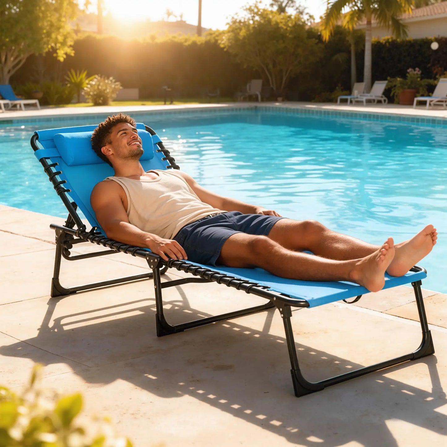 Outdoor Folding Lounge Chair, 4-Level Adjustable, Sky Blue Lounger Chairs at Gallery Canada