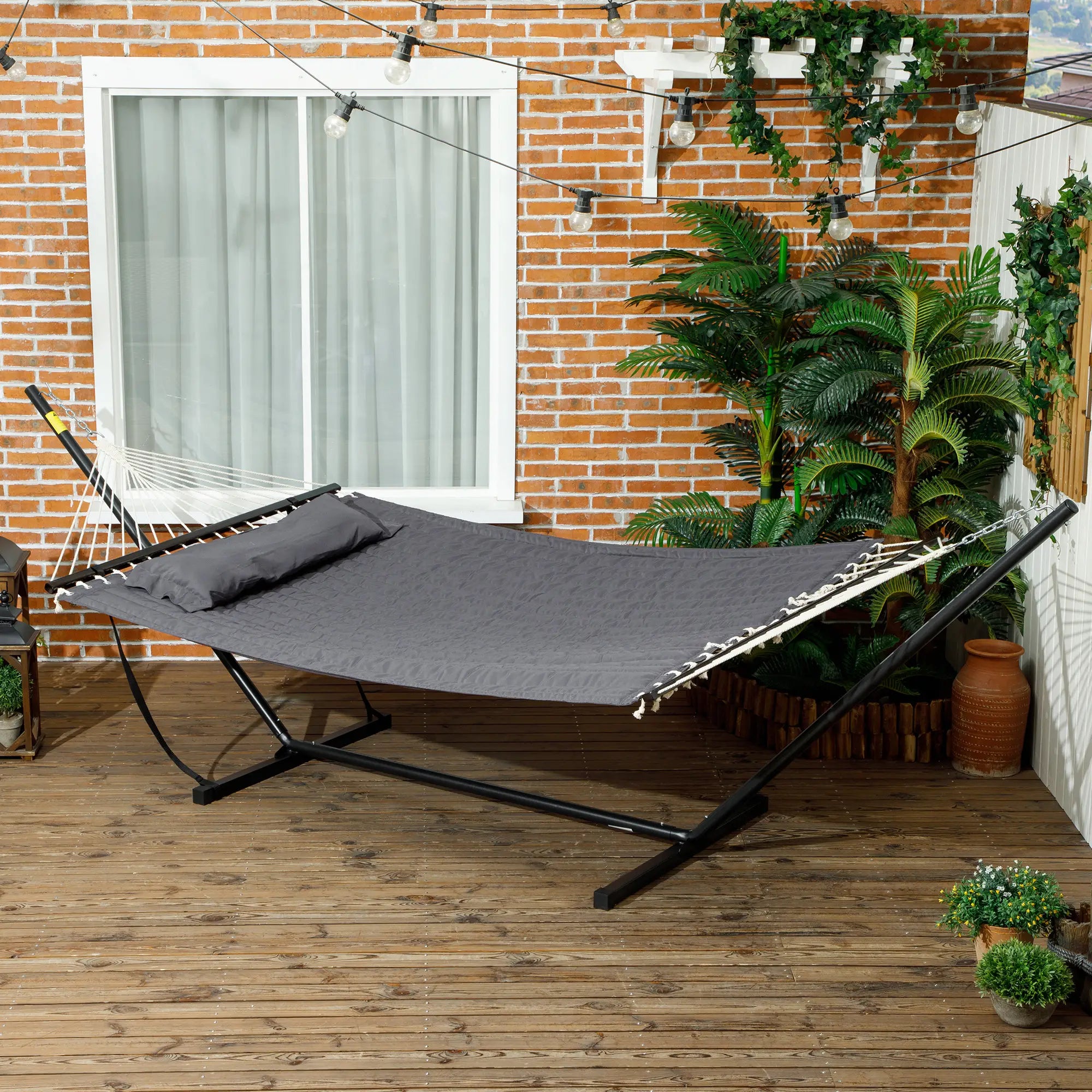 2 Person Quilted Hammock with Stand, Pillow, Spreader Bars, Dark Grey Camping Hammocks at Gallery Canada