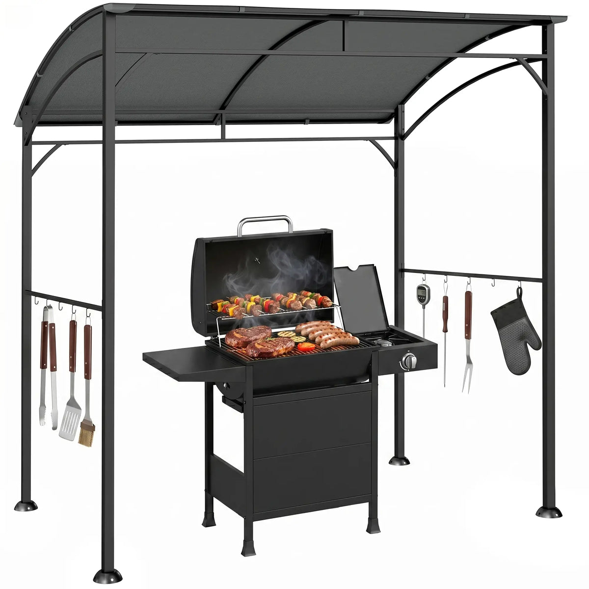 7' x 5' Charcoal Grey Garden Grill Canopy, BBQ Gazebo Tent With Steel Frame, Charcoal Grey