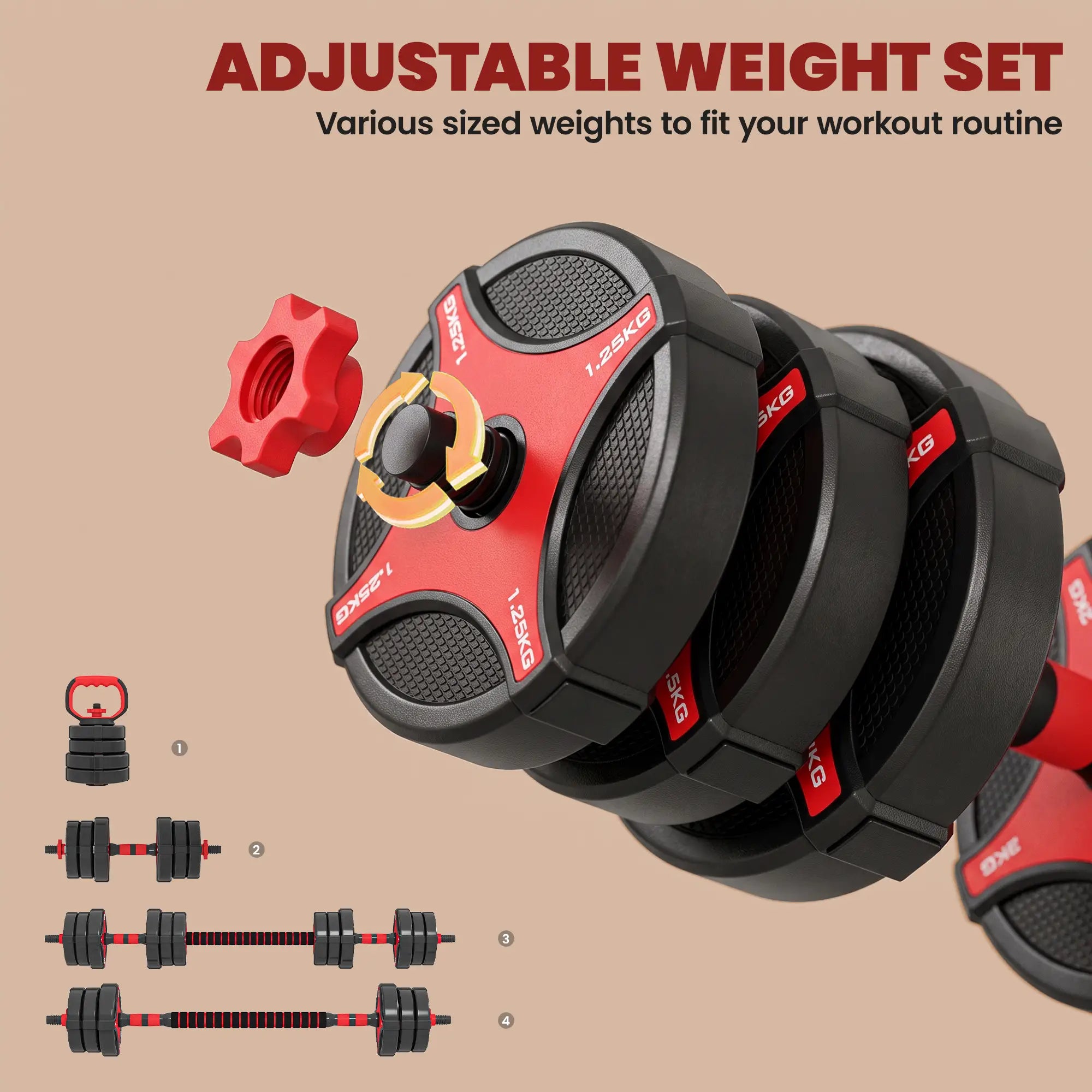 5-in-1 44 lbs Adjustable Dumbbell Set, Black Red Dumbbells & Barbells at Gallery Canada