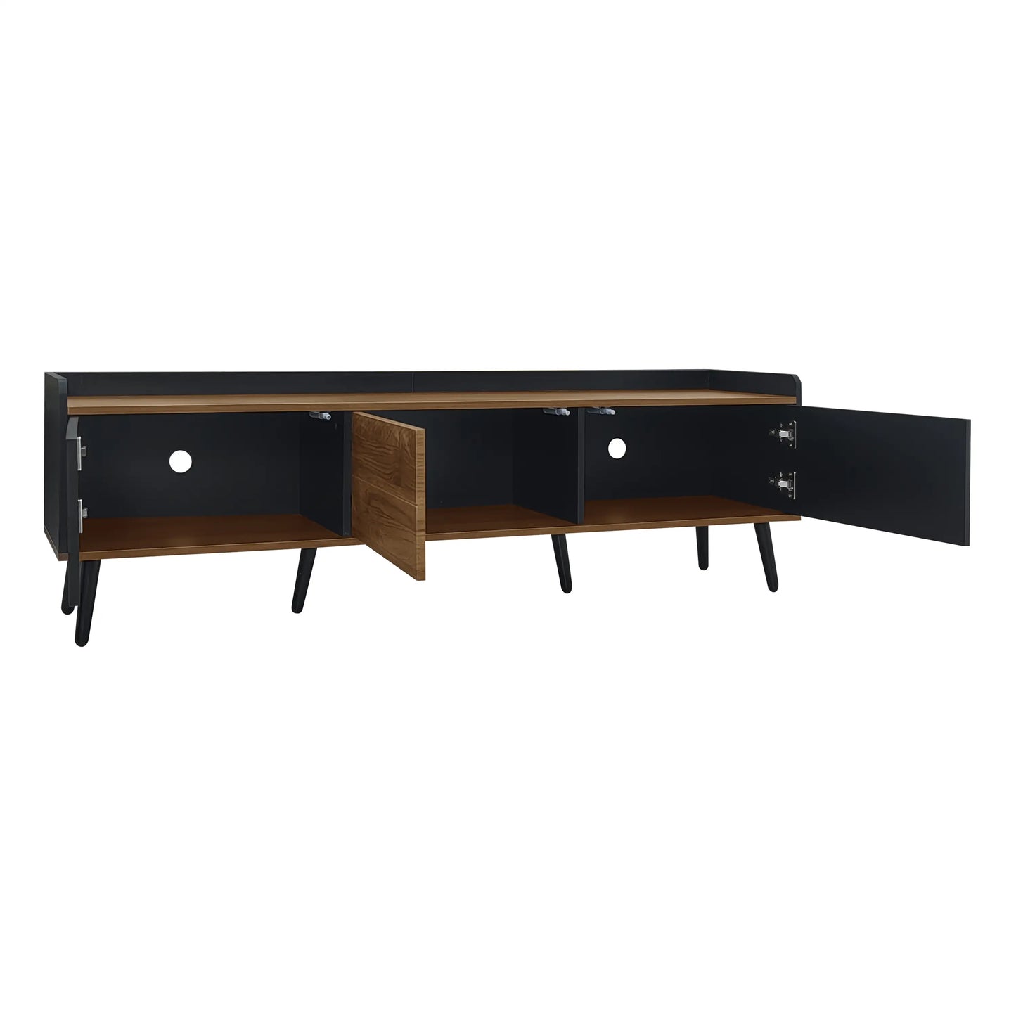 Three Door Stand, Raised Edge, Sturdy Wooden Legs, 63" L x 15.5" W x 19.5" H, Natural, Black TV Stands at Gallery Canada