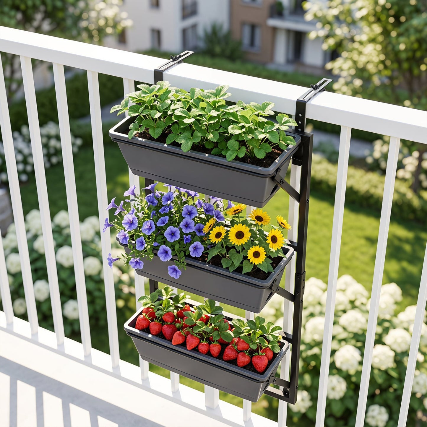 Deck Railing Planter Box 3-Tier, Adjustable Brackets, Black