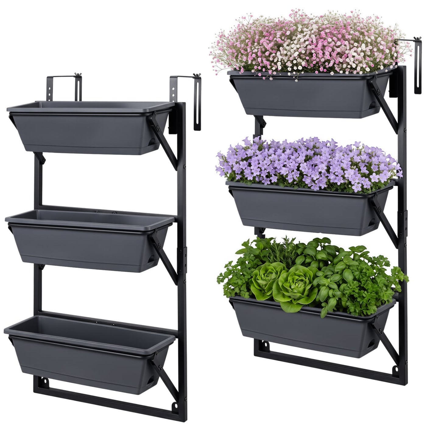 Deck Railing Planter Box 3-Tier, Adjustable Brackets, Black