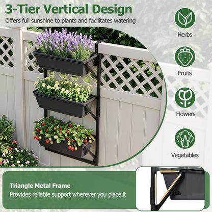 Deck Railing Planter Box 3-Tier, Adjustable Brackets, Black