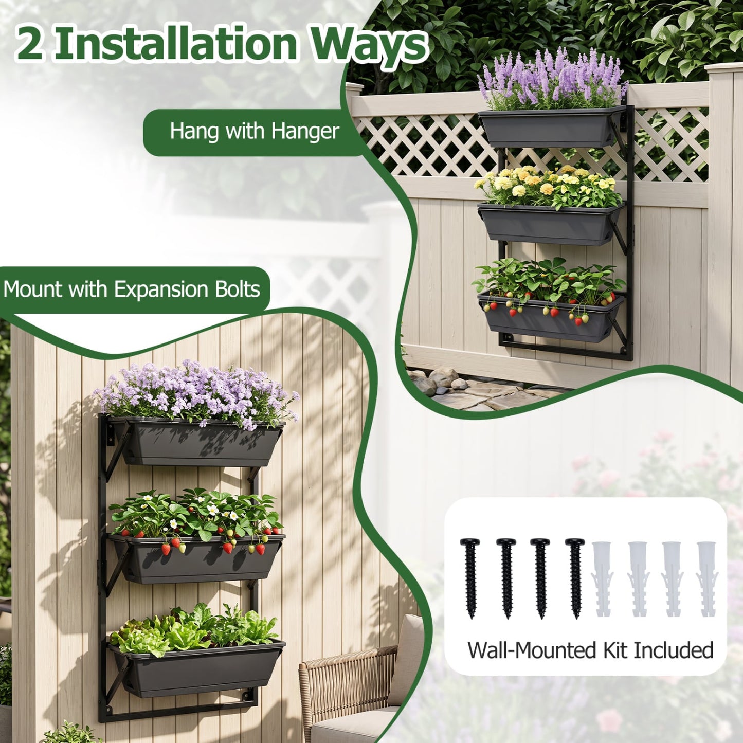 Deck Railing Planter Box 3-Tier, Adjustable Brackets, Black