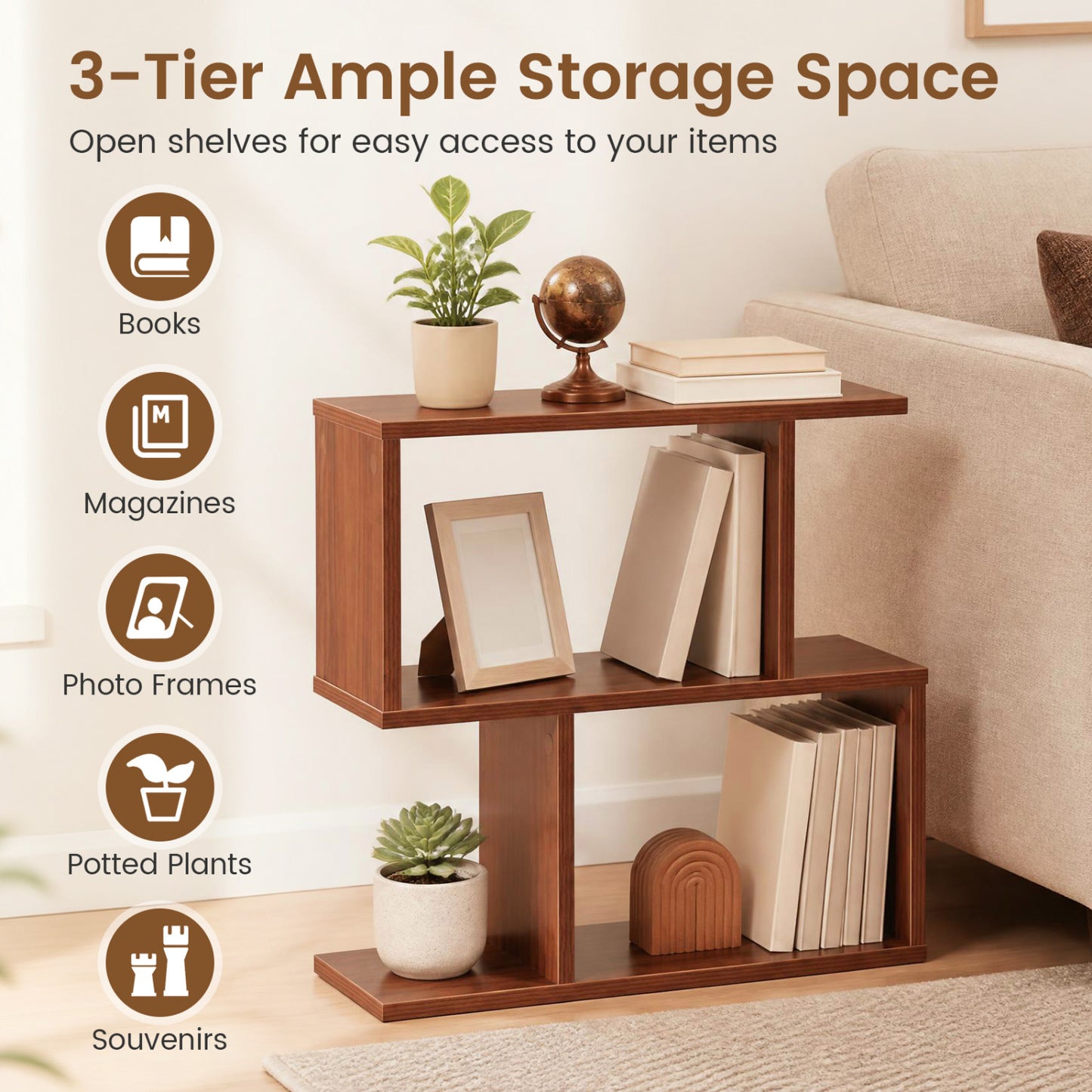 Decorative Storage Shelf, Open Layout, Non-Slip Pads, Walnut