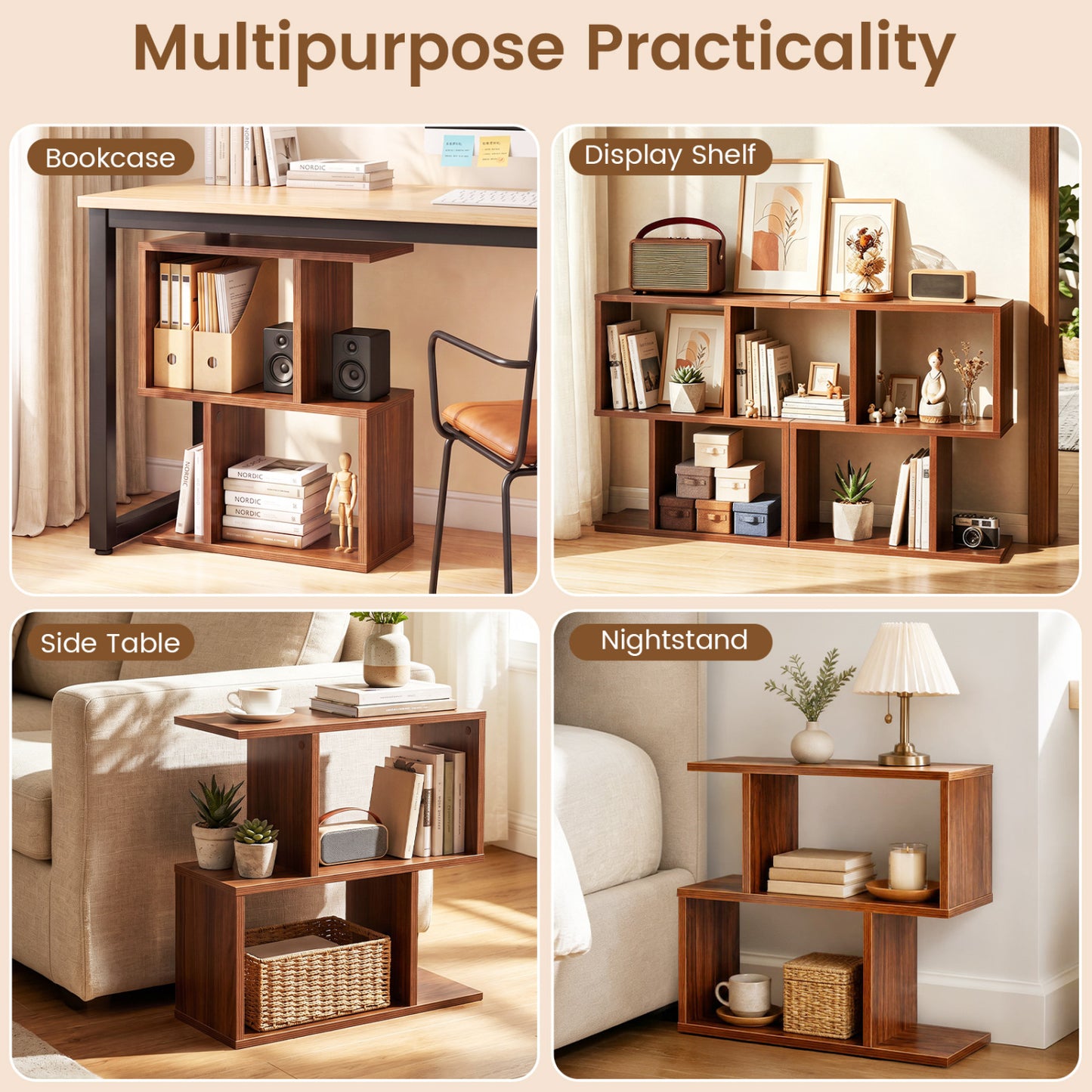 Decorative Storage Shelf, Open Layout, Non-Slip Pads, Walnut