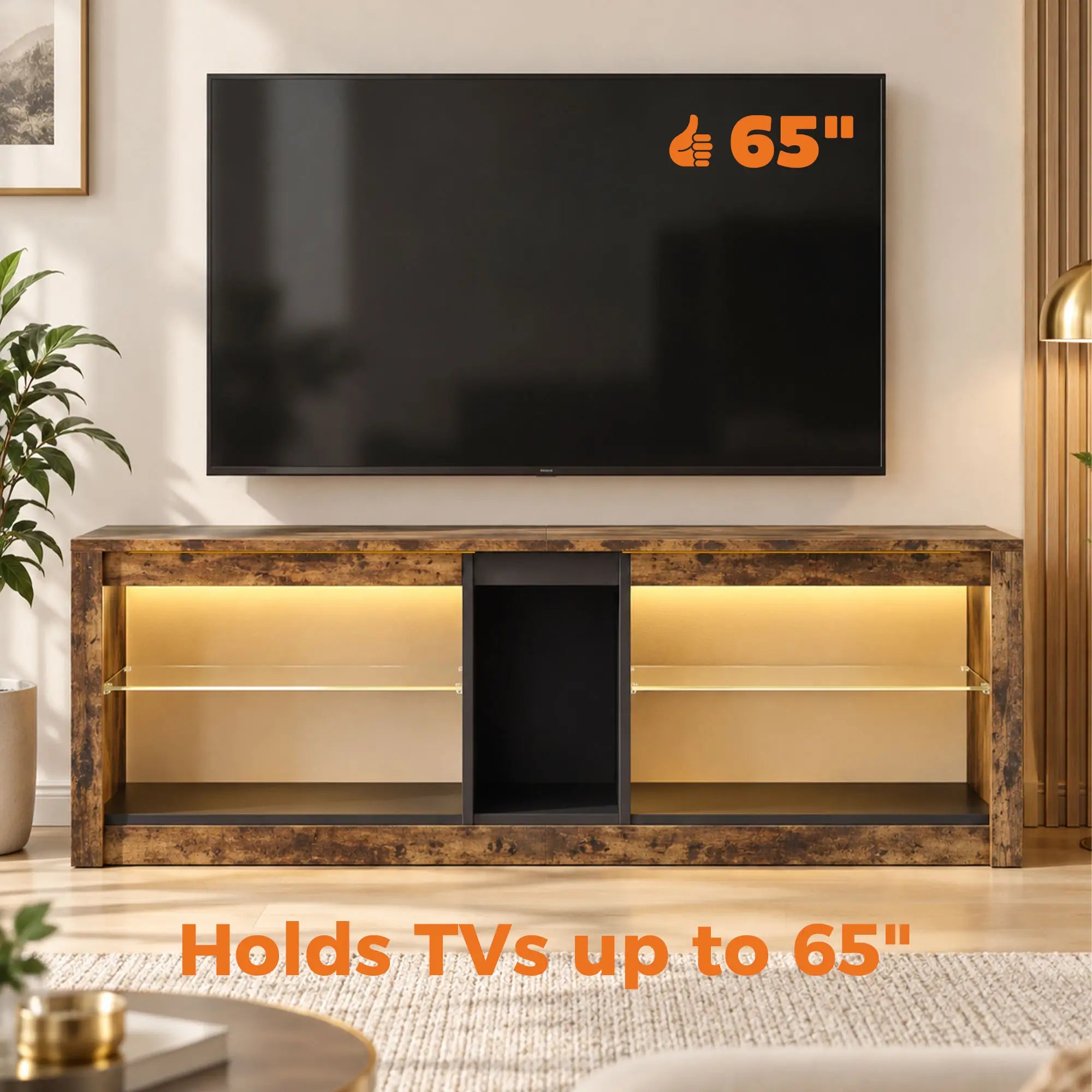 TV Stand Cabinet With LED Lights, Remote, Shelves, Rustic Brown TV Stands at Gallery Canada