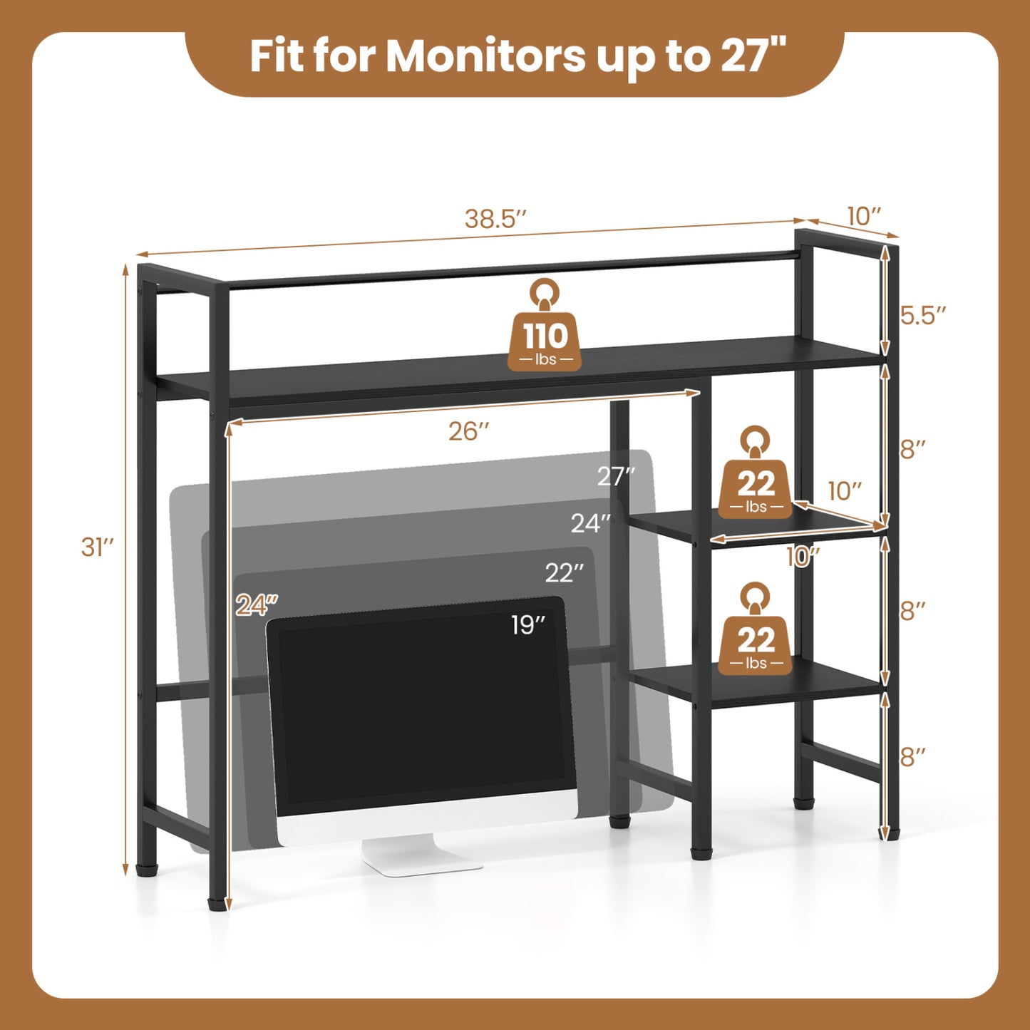 Desktop Bookshelf 38.5" W, Storage Rack, Black