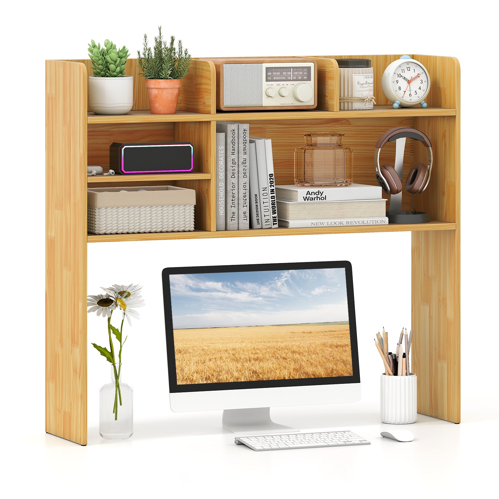 Desktop Bookshelf Countertop Storage Hutch with 6 Shelves, Beige Bookcases Beige at Gallery Canada