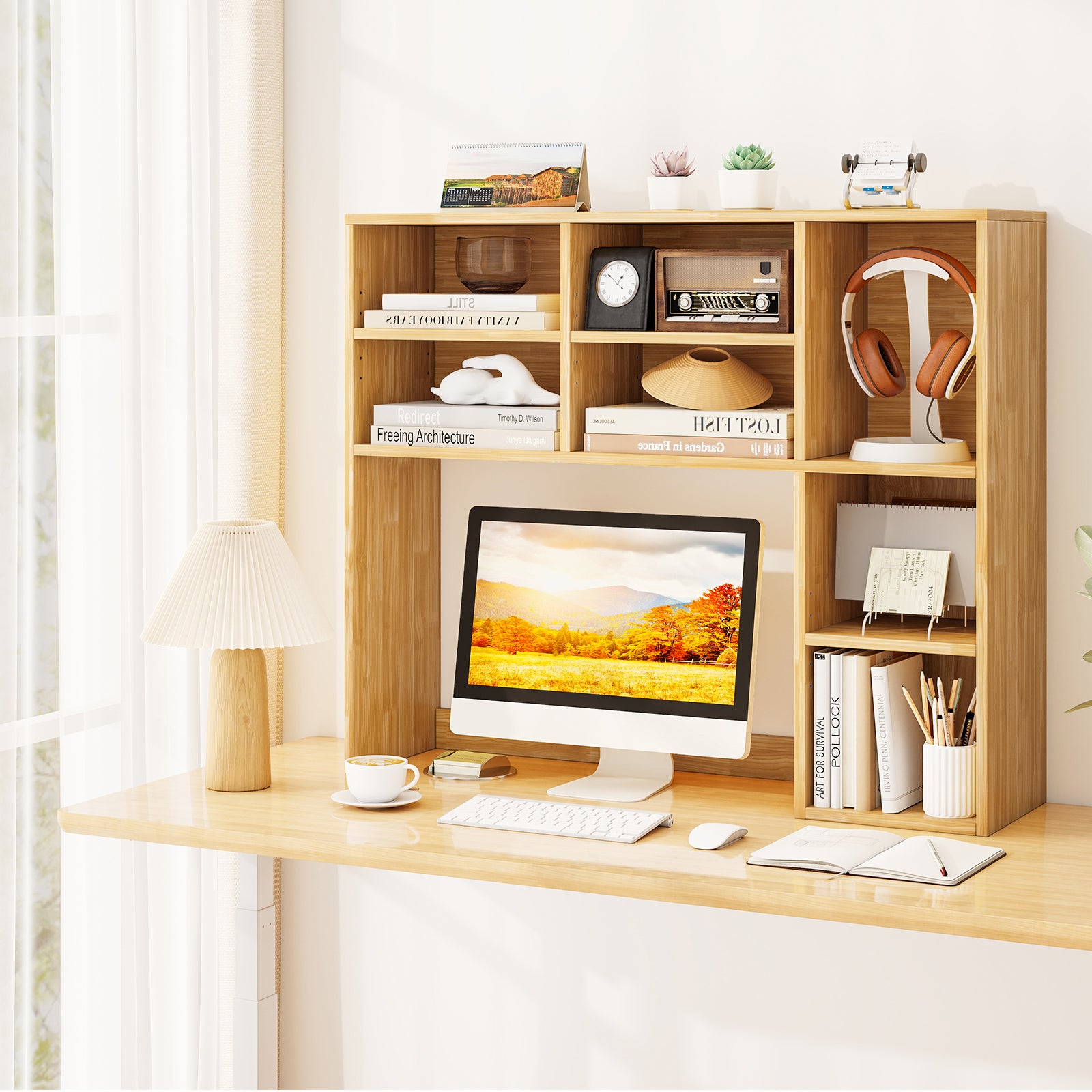 Desktop Bookshelf with 7 Open Cubbies and 3 Adjustable Shelves, Yellow Bookcases at Gallery Canada