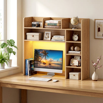 35.5 Inch Desk Hutch Storage Organizer, LED Lights, Natural Bookcases at Gallery Canada