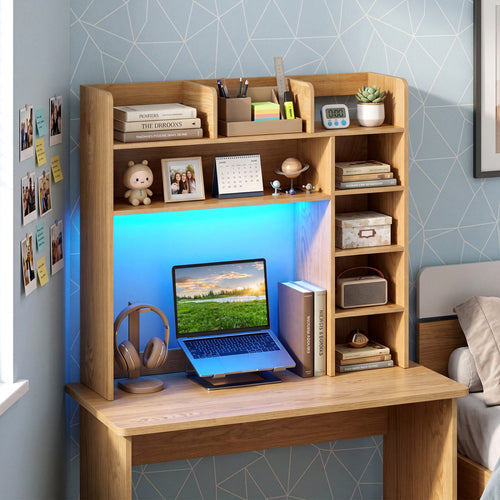35.5 Inch Desk Hutch Storage Organizer, LED Lights, Natural