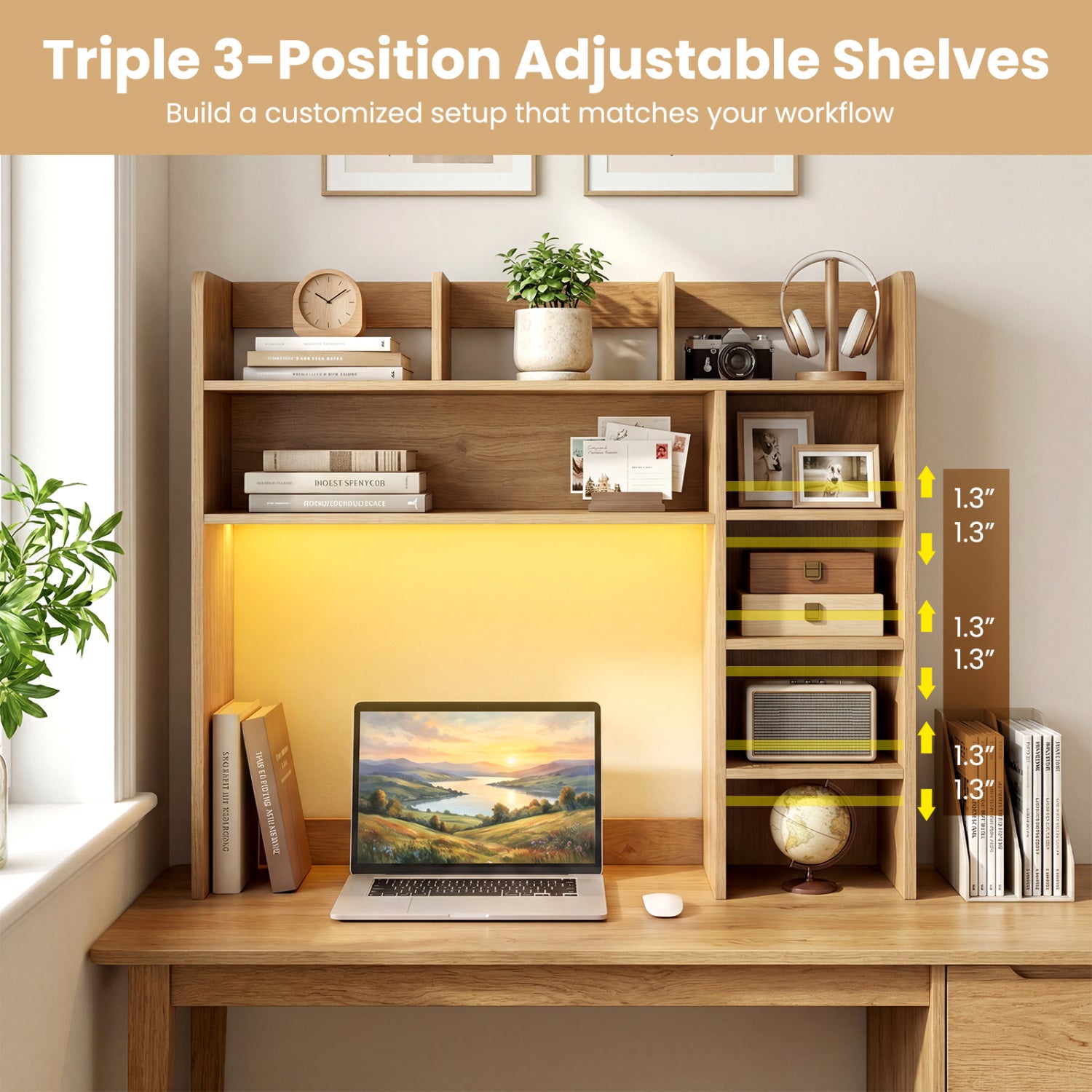 35.5 Inch Desk Hutch Storage Organizer, LED Lights, Natural Bookcases at Gallery Canada