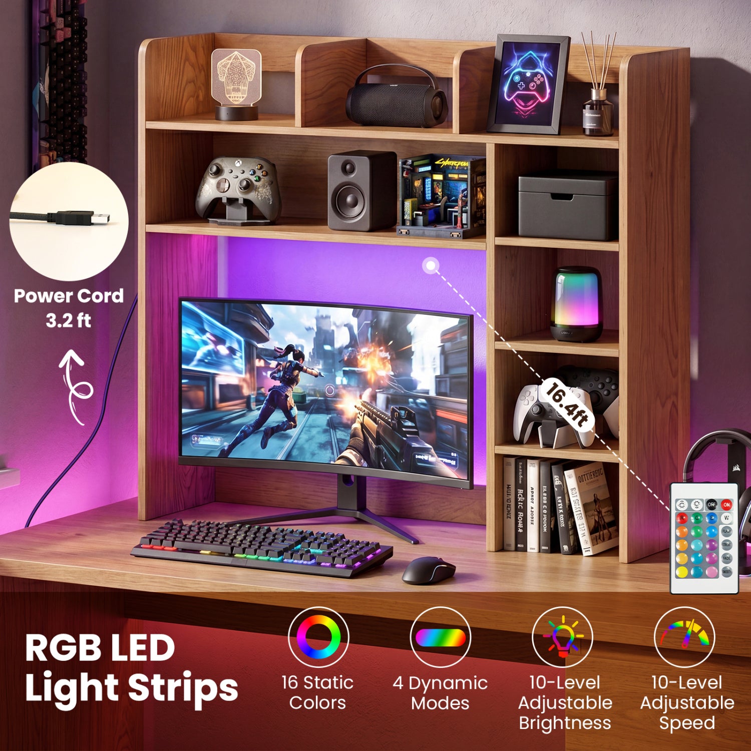 35.5 Inch Desk Hutch Storage Organizer, LED Lights, Natural Bookcases at Gallery Canada