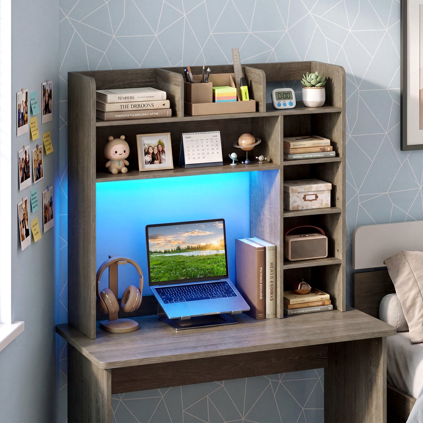 Desktop Bookshelf With LED Lights, 35.5 Inch, Oak Bookcases at Gallery Canada