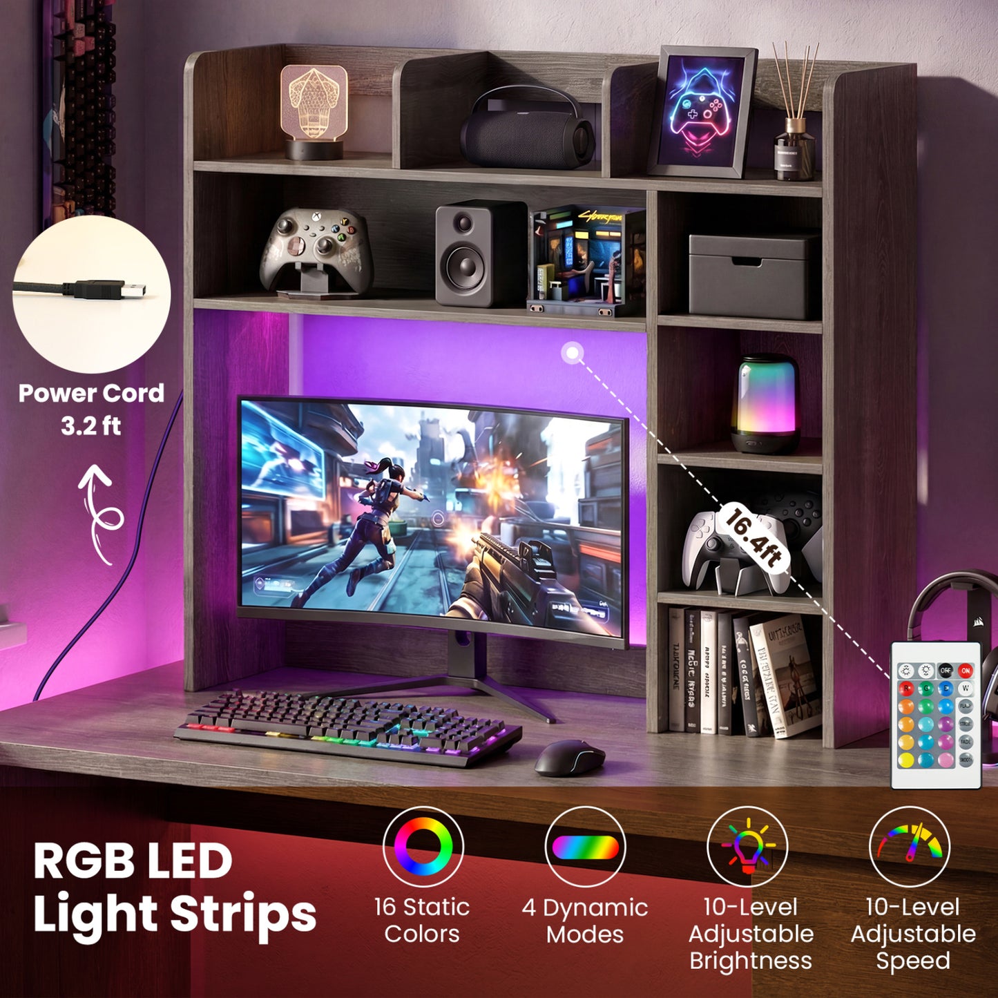 Desktop Bookshelf With LED Lights, 35.5 Inch, Oak Bookcases at Gallery Canada