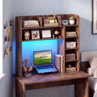Desktop Bookshelf with LED Lights 35.5 inch Desk Hutch Storage Organizer, Rustic Brown Bookcases at Gallery Canada