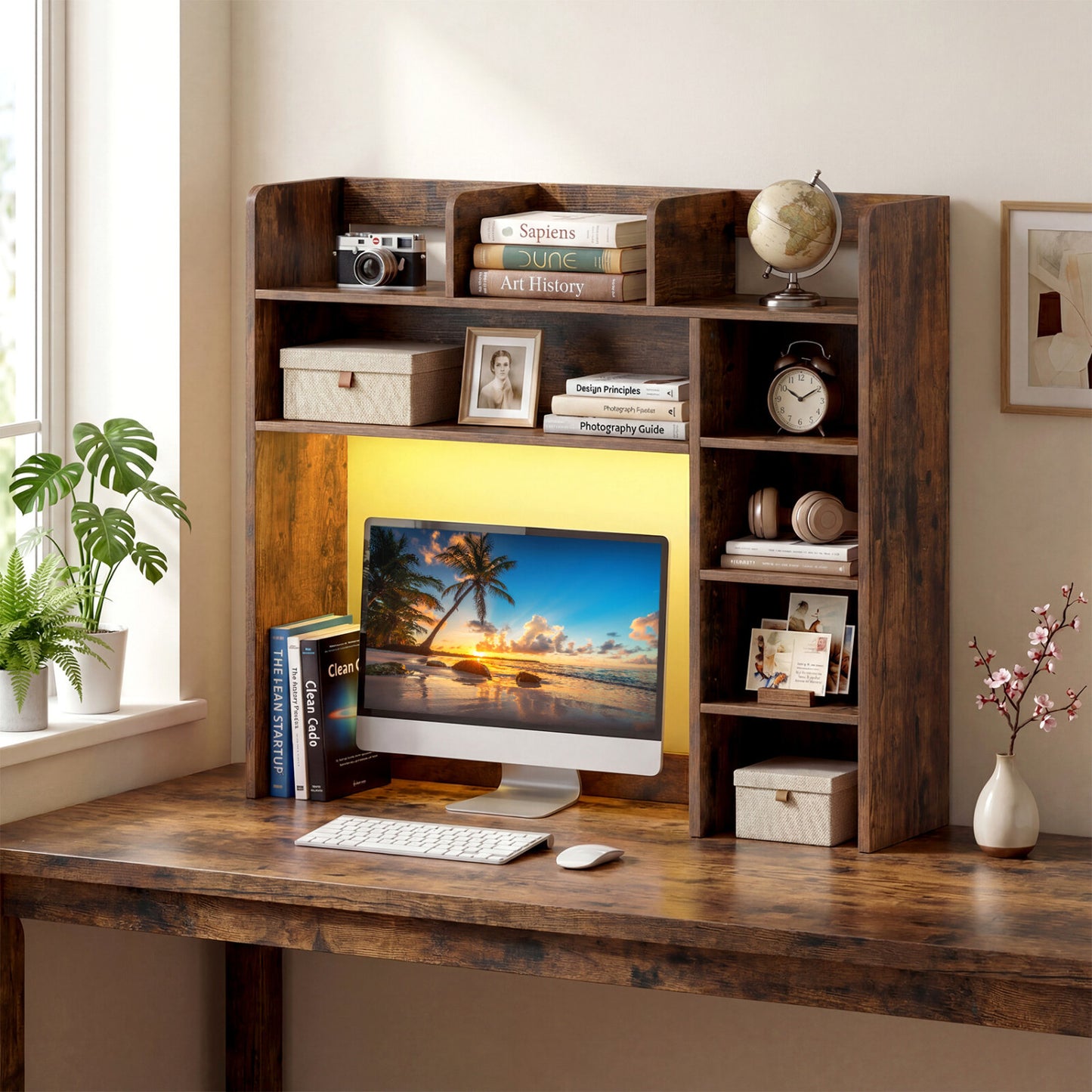 Desktop Bookshelf with LED Lights 35.5 inch Desk Hutch Storage Organizer, Rustic Brown Bookcases at Gallery Canada