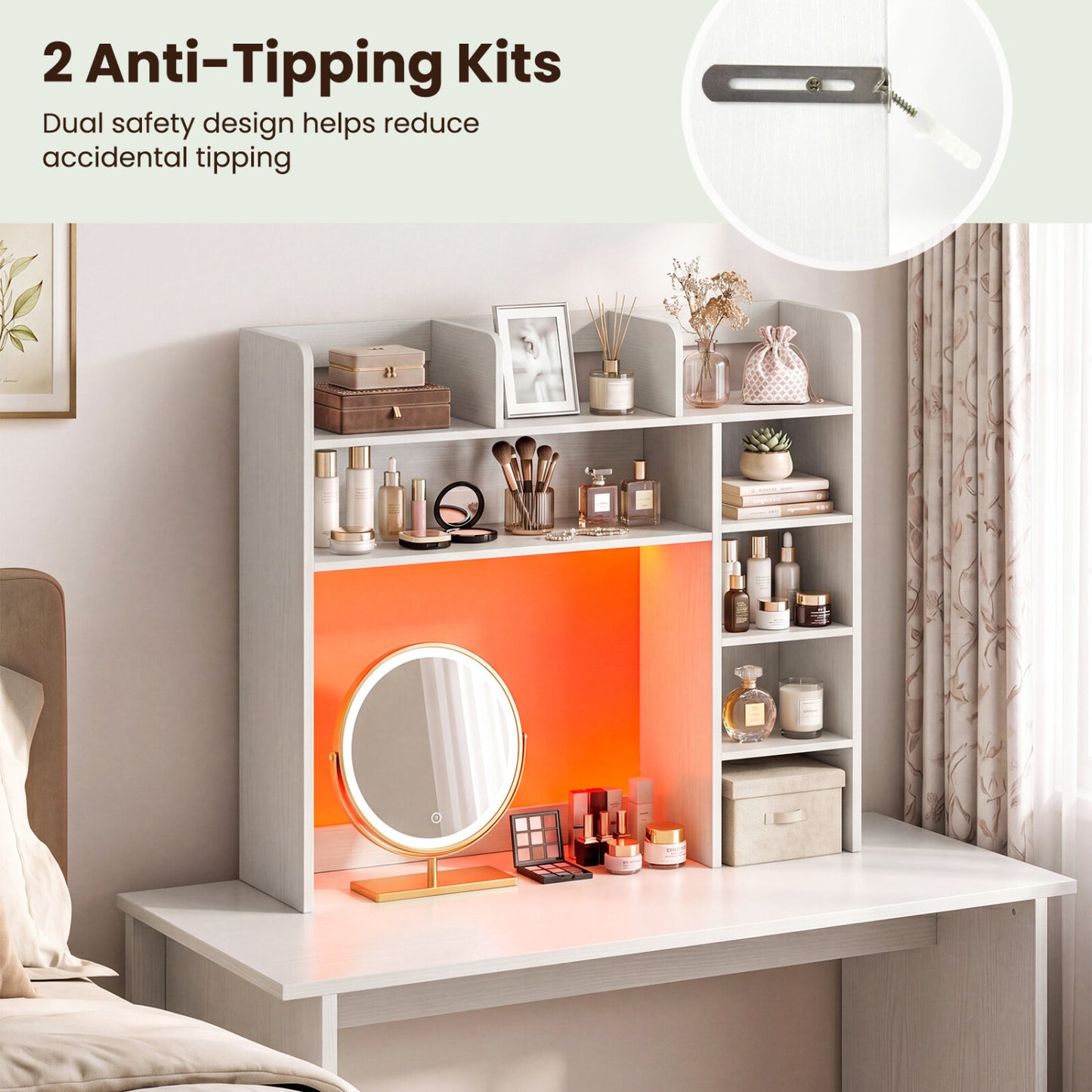 Desktop Bookshelf with LED Lights 35.5 inch Desk Hutch Storage Organizer, White Bookcases at Gallery Canada