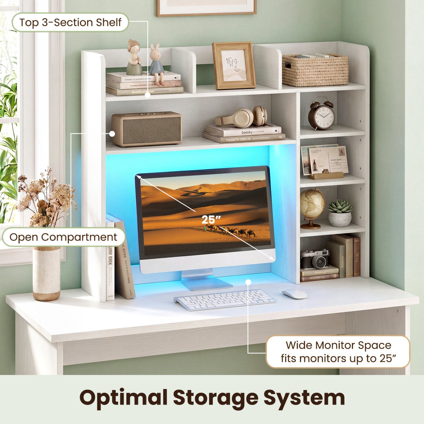 Desktop Bookshelf with LED Lights 35.5 inch Desk Hutch Storage Organizer, White Bookcases at Gallery Canada
