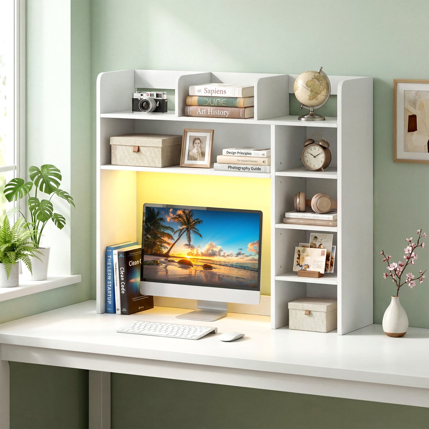 Desktop Bookshelf with LED Lights 35.5 inch Desk Hutch Storage Organizer, White Bookcases at Gallery Canada