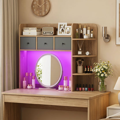 Desktop Bookshelf 5-Tier with LED Lights, 3 Drawers, Natural