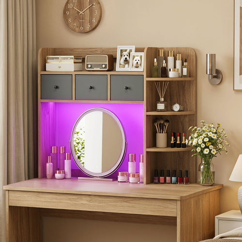 Desktop Bookshelf 5-Tier with LED Lights, 3 Drawers, Natural