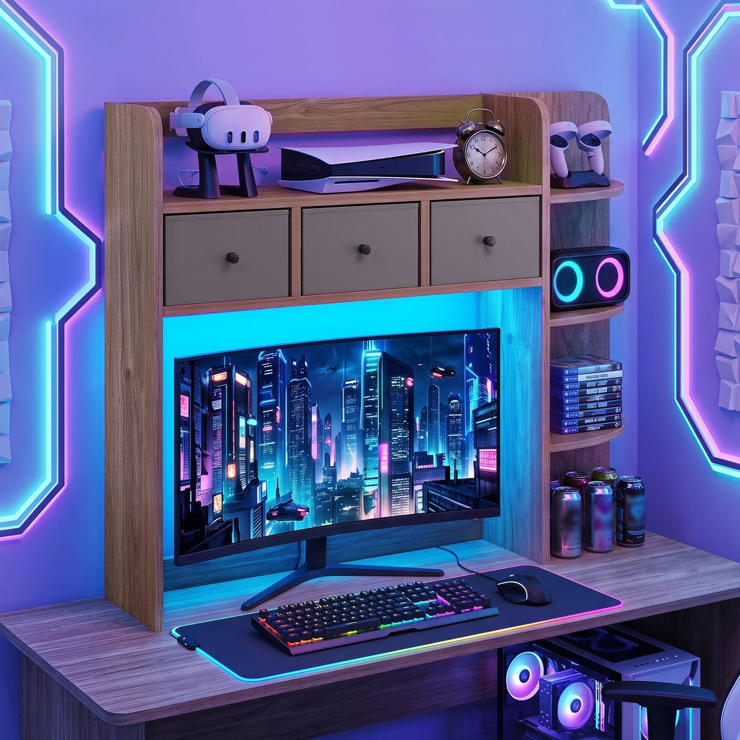 Desktop Bookshelf 5-Tier with LED Lights, 3 Drawers, Natural