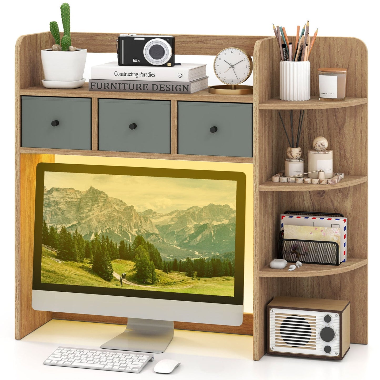 Desktop Bookshelf 5-Tier with LED Lights, 3 Drawers, Natural