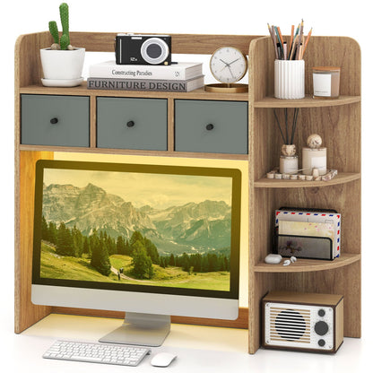 Desktop Bookshelf 5-Tier with LED Lights, 3 Drawers, Natural