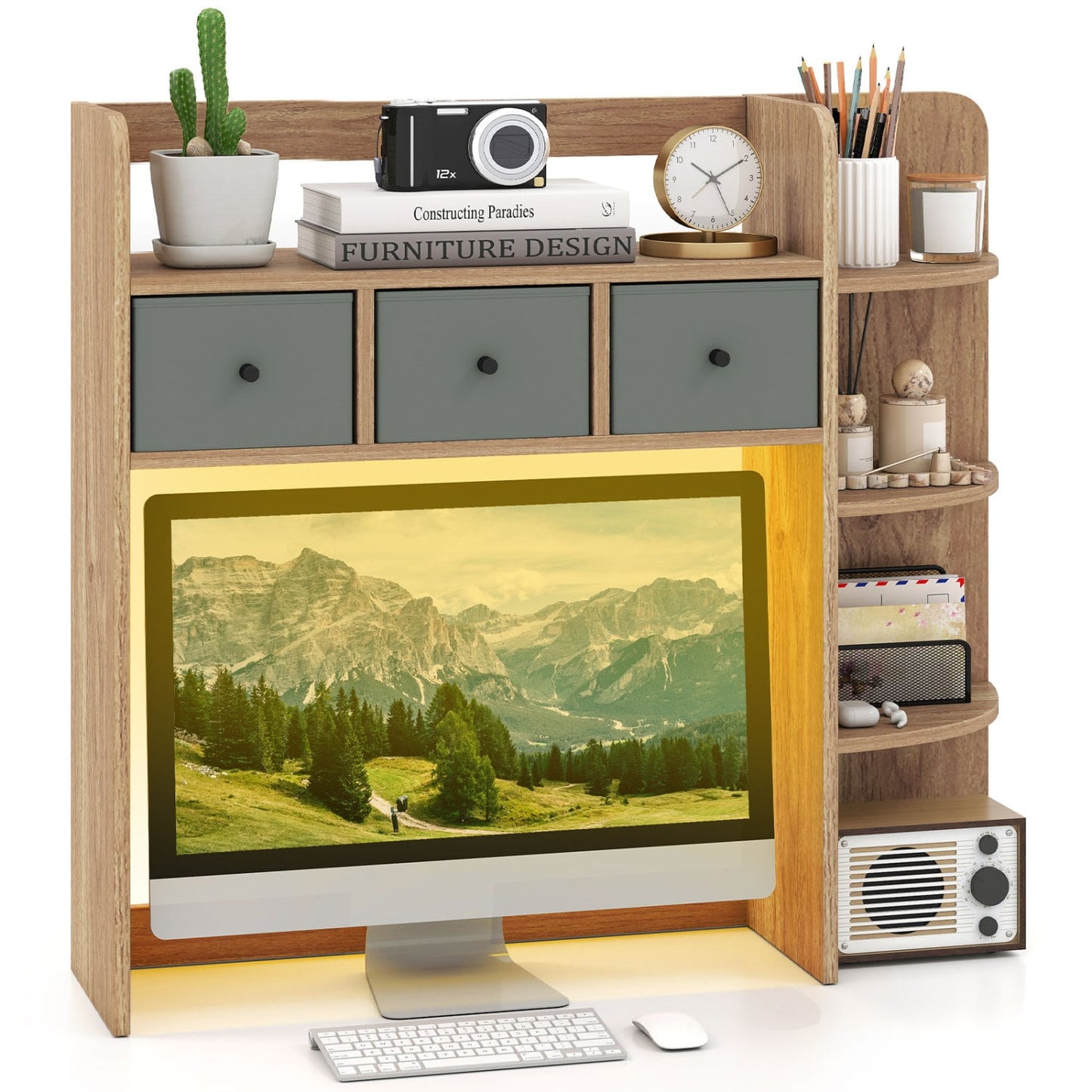 Desktop Bookshelf 5-Tier with LED Lights, 3 Drawers, Natural