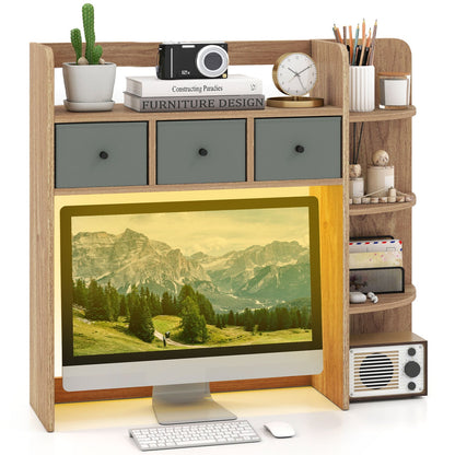 Desktop Bookshelf 5-Tier with LED Lights, 3 Drawers, Natural